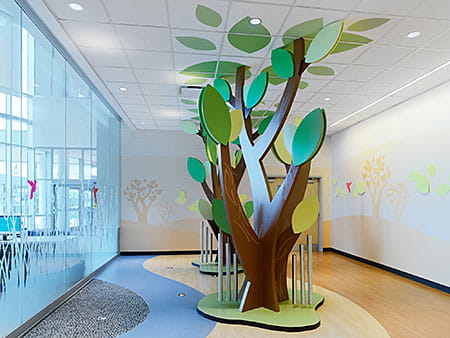The interior of the Proton Therapy Center at Cincinnati Children's is bright and cheerful.